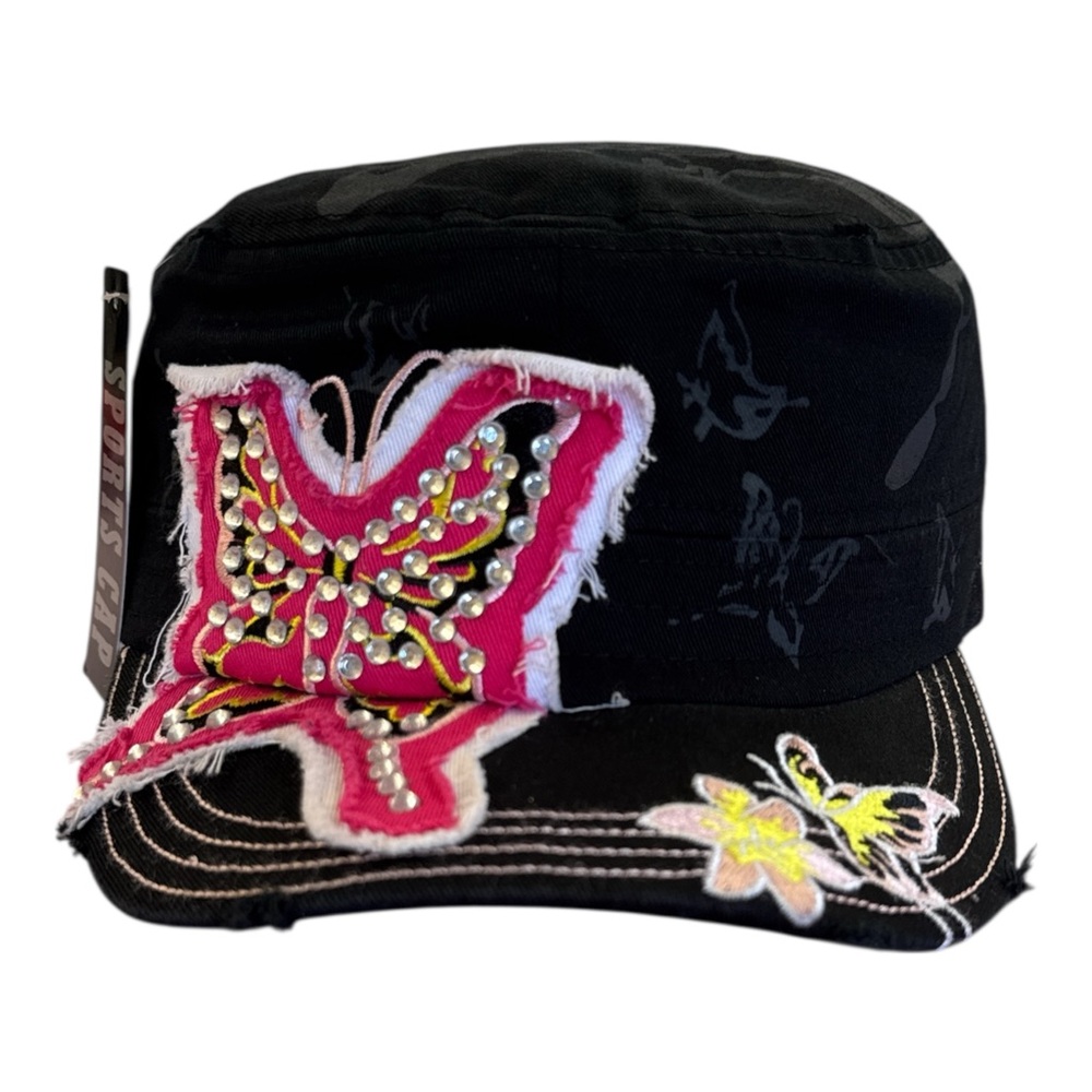 Black Rhinestone Butterfly Distressed Y2K Military Cap